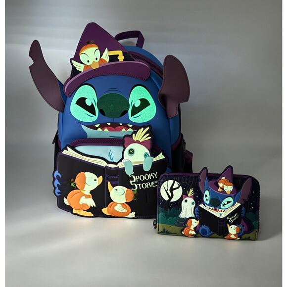 Loungefly Disney Stitch Spooky Stories Halloween Glow Backpack & Wallet Set New - Picture 2 of 16